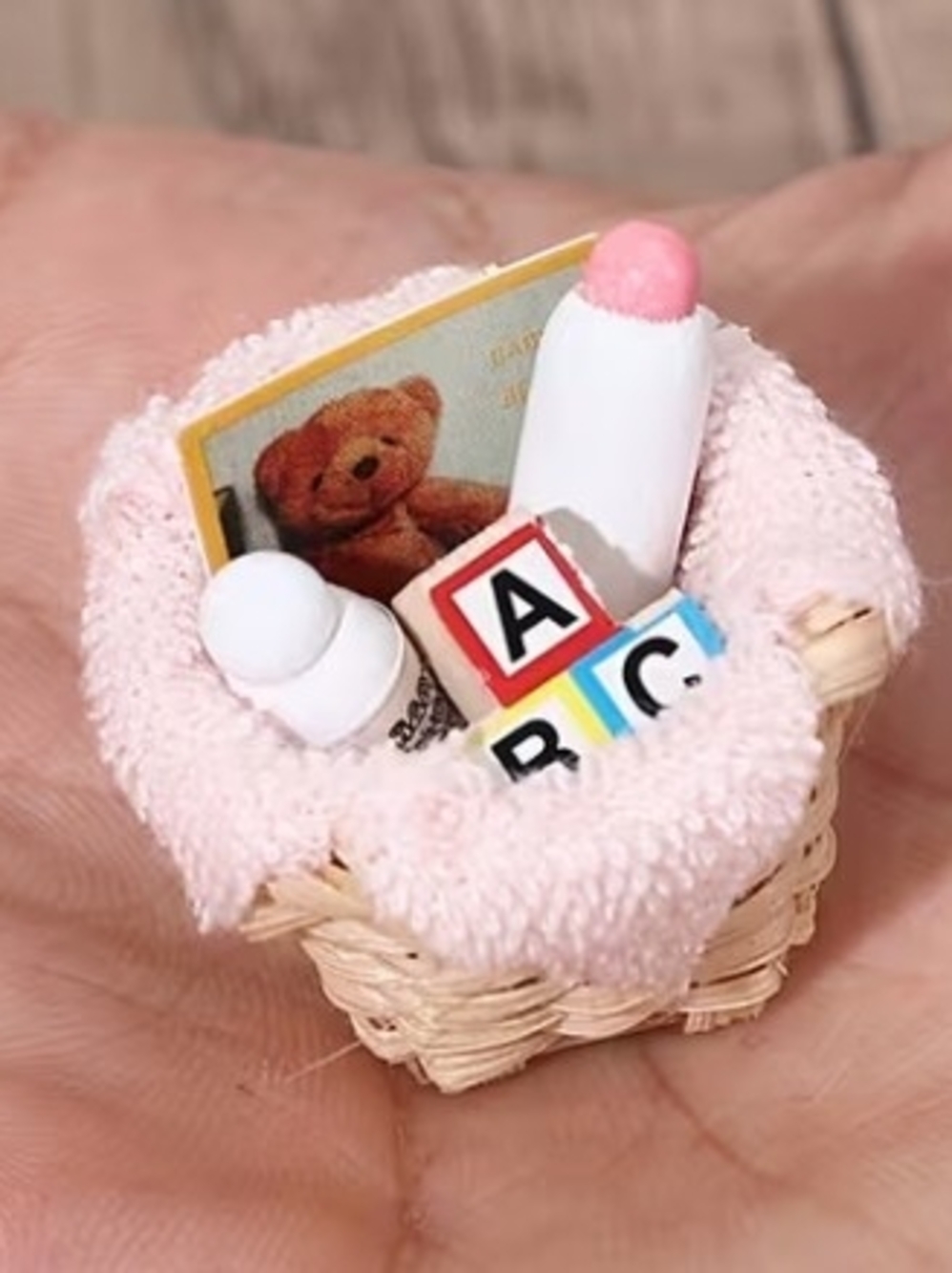 Mini Baby Toy Basket with Pink Liner and ABC Blocks